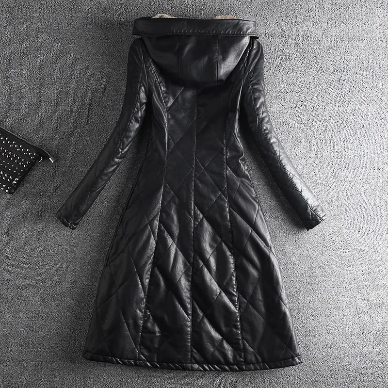 Осенне-зимние толстые бархатные Куртки из искусственной кожи на молнии с натуральным мехом женские тонкие пальто средней длины с капюшоном OL с длинным рукавом