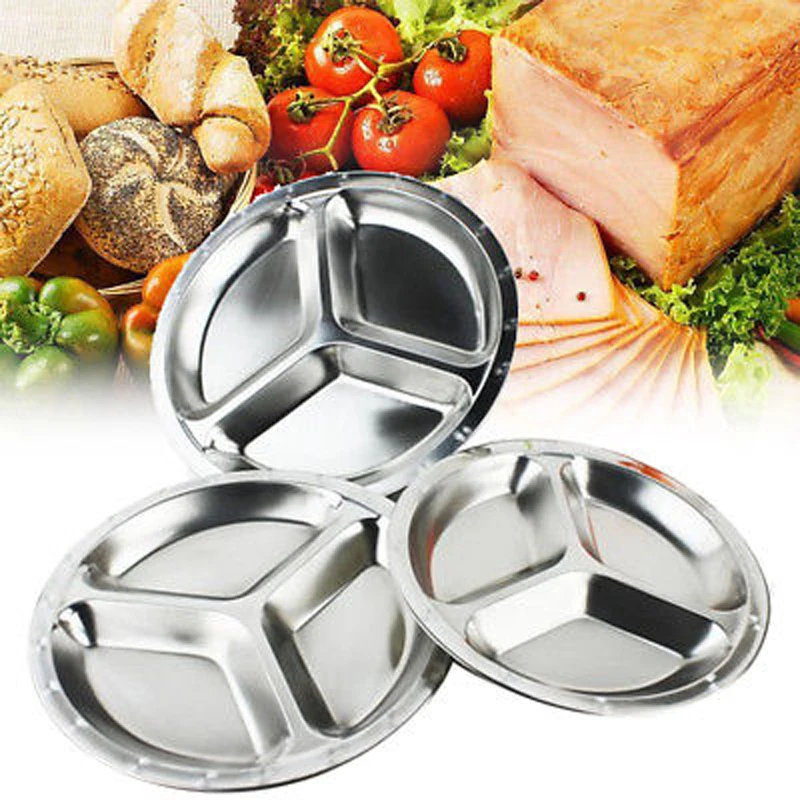 22/24/26cm Dia 3 Sections Round stainless steel snack plate round dish plate metal serving tray delicate ss plate/platos dorados