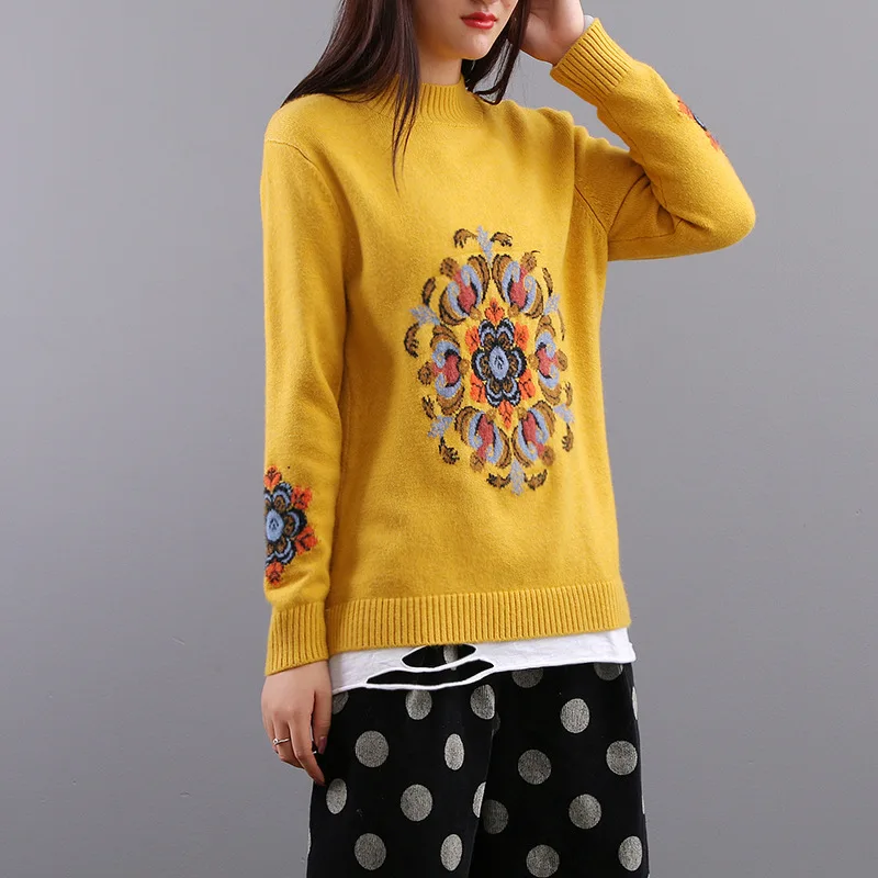 

Pullovers Floral Embroidery Knitted Sweaters 2018 Autumn Winter Stand Collar Female Corn Yarn Art Sweater Vintage Loose Tops Hot
