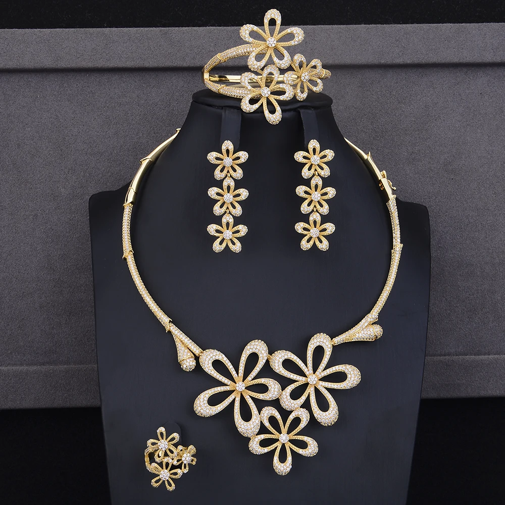 GODKI Luxury Leaf Flower 4PCS Cubic Zircon CZ Nigerian Jewelry sets For Women Dubai Bridal jewelry sets indian Gold Jewelry Sets