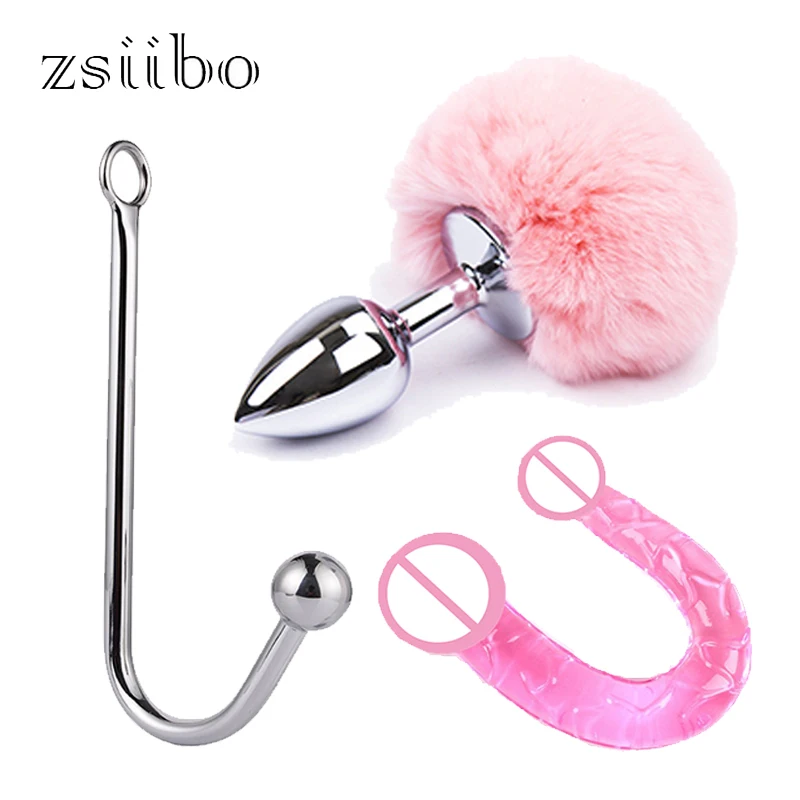 Value Meal 1 Women Double Ended Crystal Silicon Dildo+1 Metal rabbit tail anal plug +1 Metal anal hook Sex Toys for Men QQTZ08