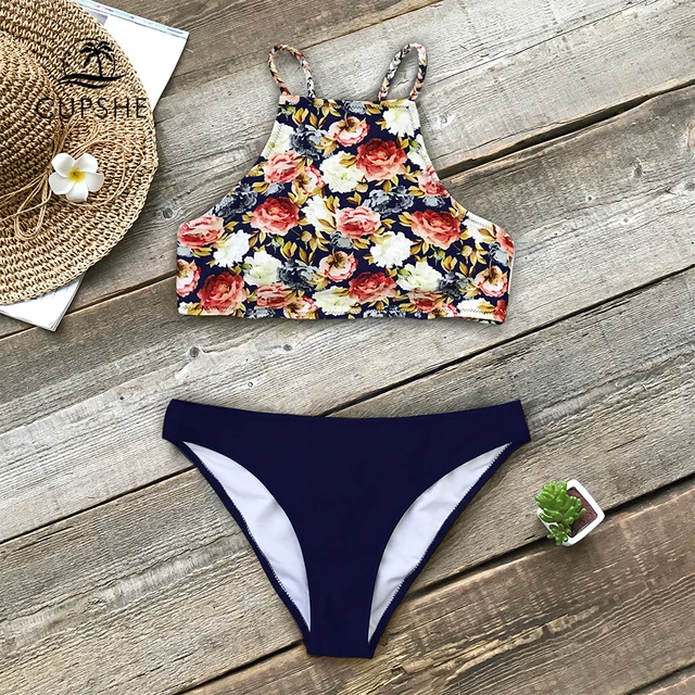 {Excellent|Wonderfull|Very Good|Very Recommended} CUPSHE Floral And Navy Braided Strap Tank Bikini Sets Women High-neck Two Pieces Swimsuits 2019 Girl Beach Boho Bathing Suits Limited Price