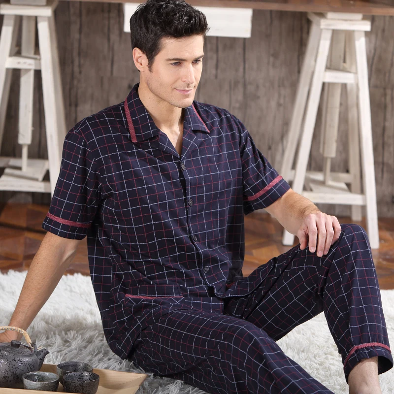 2017 NEW Cotton Pajamas Set For Men Short Sleeve Trousers Sleepwear