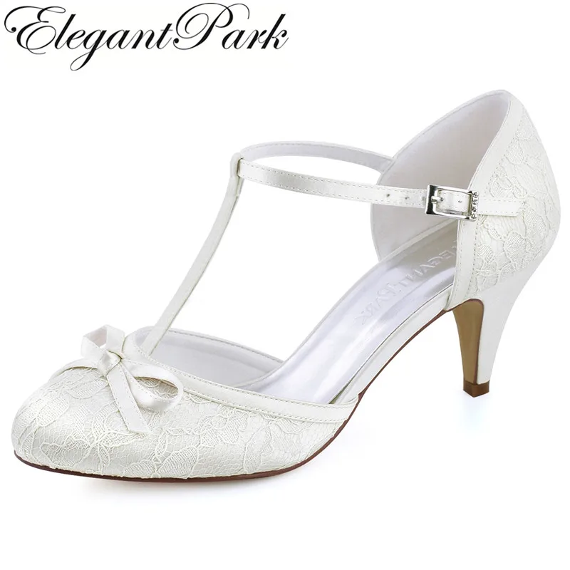Women Shoes White Ivory Cone High Heel Close Toe Bows T Strap Lace Bride Bridesmaid Lady Party