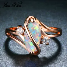 JUNXIN Einzigartige S Geformt Blau/Weiß Feuer Opal Stein Ringe Für Frauen Rose Gold Pferd Auge Regenbogen Birthstone Ring hochzeit Schmuck(China)