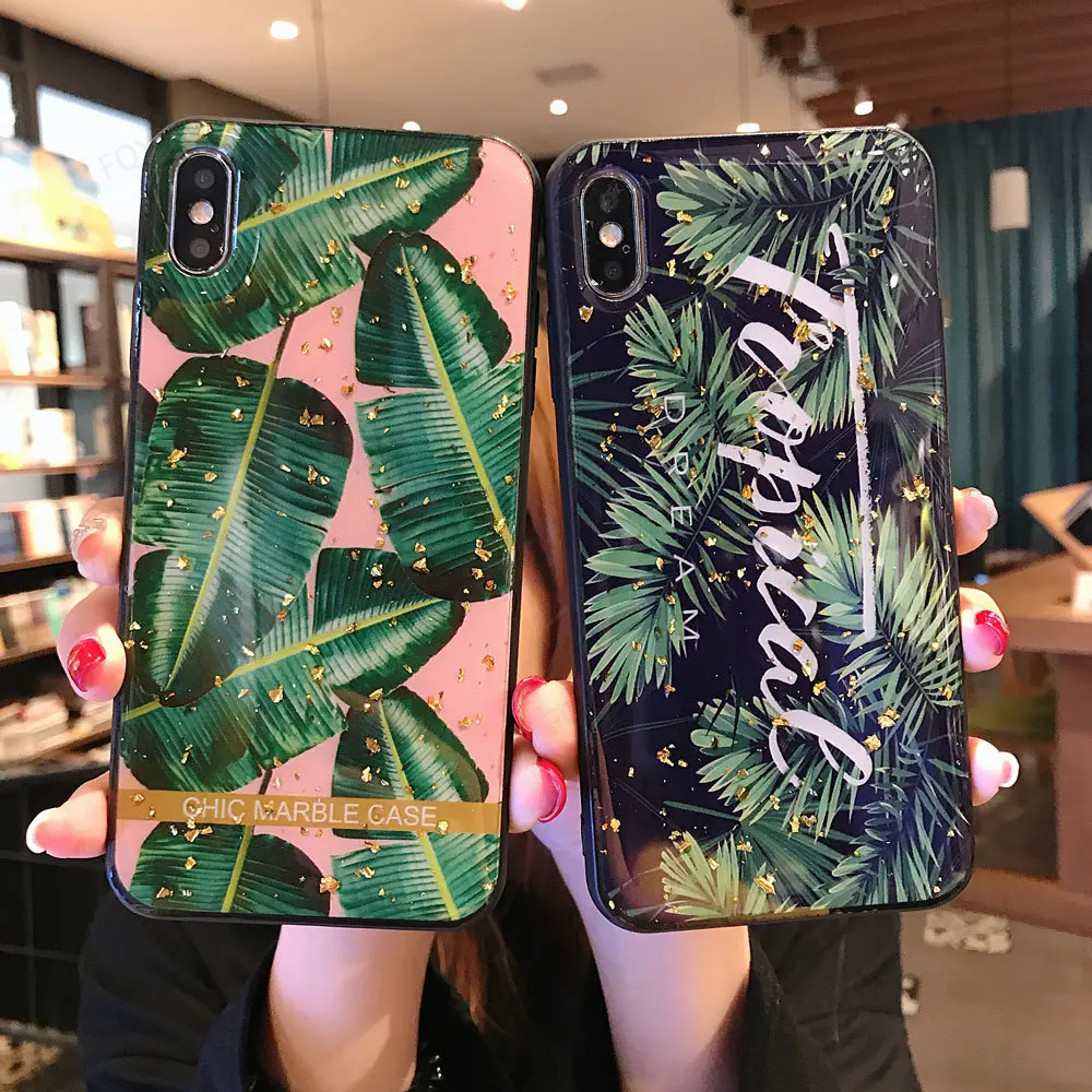 

FQYANG Epoxy Soft TPU Phone Case For hoesje Iphone 8 plus 7 6 6S Summer Plants Banana Leaves Cases Cover For Iphone XS MAX XR X