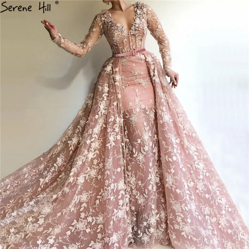 

Dubai Pink Long Sleeves Tulle Evening Dresses 2019 Handmade Flowers V-Neck Sexy Evening Gowns Serene Hill LA60994