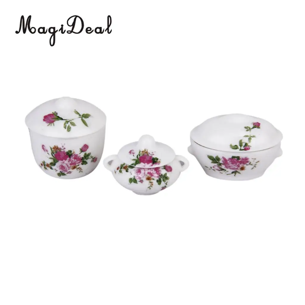 MagiDeal 3Pcs Doll House Kitchen Miniature Casserole Pot Bowl Lid with Floral Pattern for Interior Room Model Kids Role Play