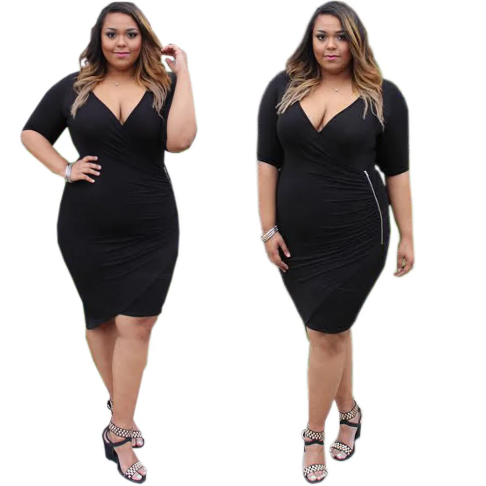 Buy Plus Size Dress Women Black Color Deep V Neck
