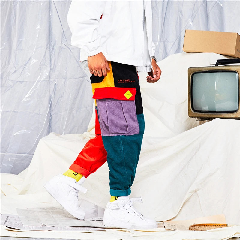 Штаны в стиле хип-хоп, винтажные, цветные, лоскутные, вельветовые, брюки-шаровары, уличная одежда, Харадзюку, спортивные штаны, хлопковые брюки
