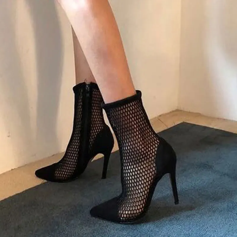 Botas negras con cremallera para mujer de bellinsby, botines de malla con  punta en pico y tacón alto, botas cortas de verano para mujer|Botas hasta  el tobillo| - AliExpress