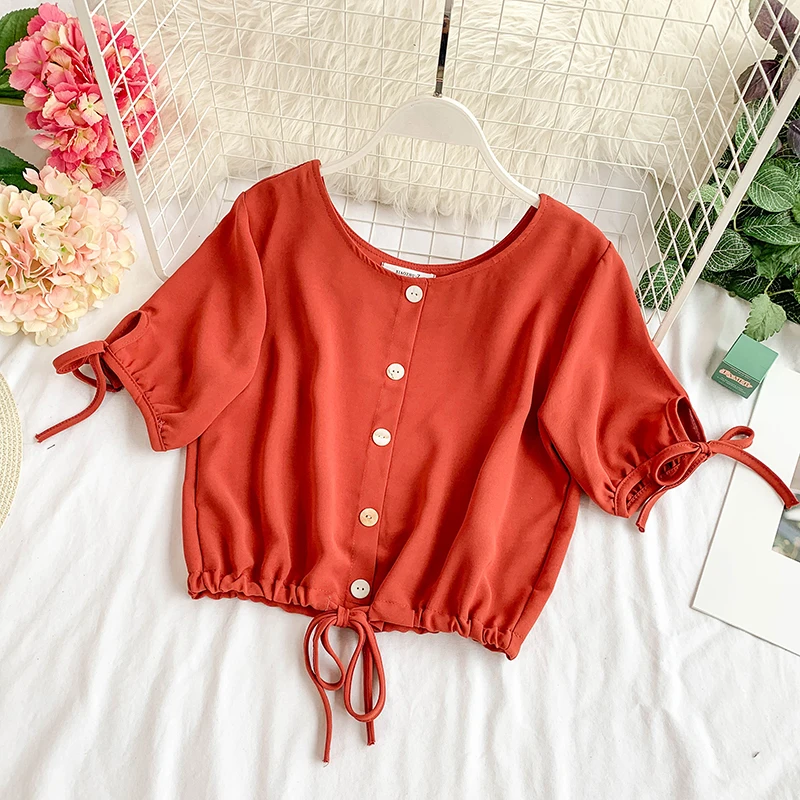 

French Pure Color Round Collar Short Sleeve Single Breasted Short Crop Tops Womens Tops and Blouses E578
