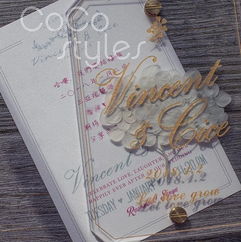  Cocostyles custom personalized clear acrylic invitation card with white foreverflower and engraving - 32869049352
