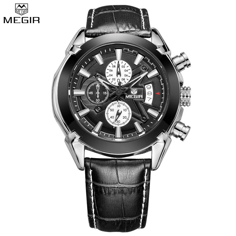 MEGIR Men Chronograph Quartz Waterproof Multifunction Watch Large Dial Leather Slim Watches Fashion Casual Hot Sale