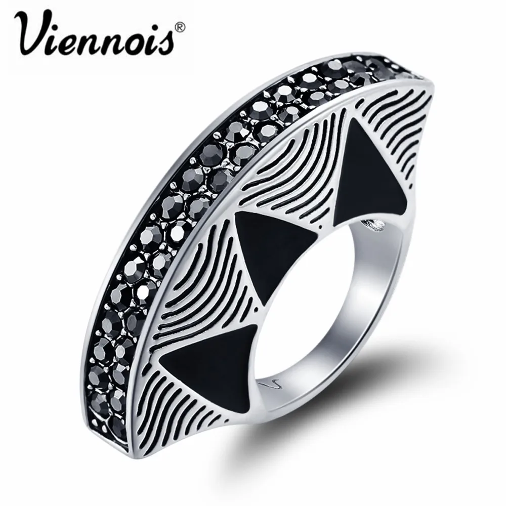 

Viennois Fashion Jewelry Vintage Silver Color Fan Rings For women Black Finger Rings Full Rhinestone Paved Party Rings