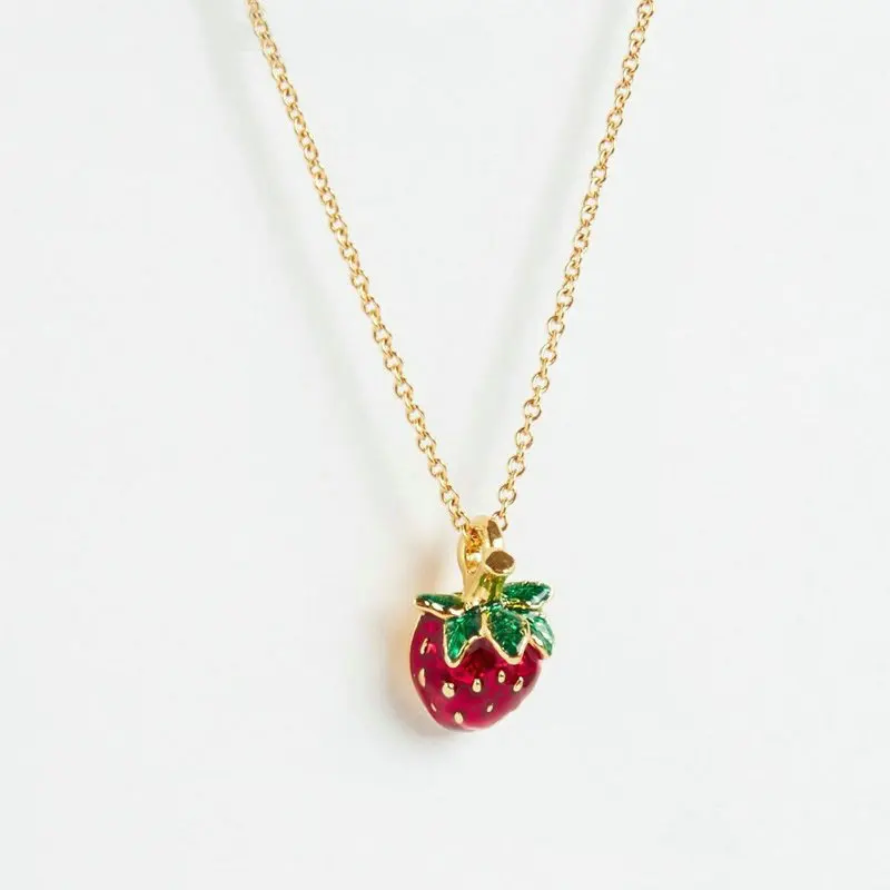 

New Fashion Gold Colour Enameled Sweet Strawberry Fruit Long Pendant Necklace