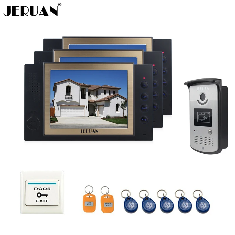 

JERUAN 8`` video door phone doorbell intercom system with video recording photo taking access control system 3 house 1 outdoor