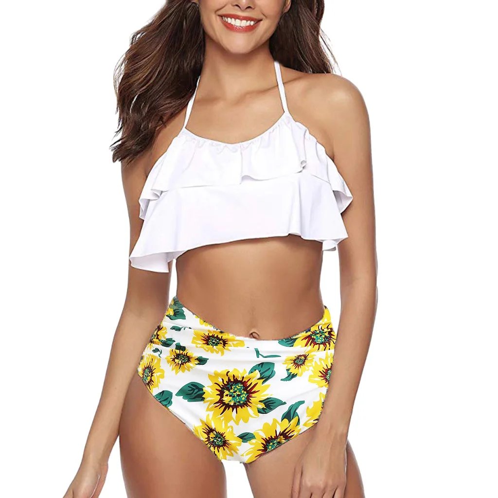 

New Sexy Bikini Swimsuit Women Print Two Piece Swimming Suit Fashion Solid Swimwear Ruffled Summer Beachwear Set Plus Size XXXL