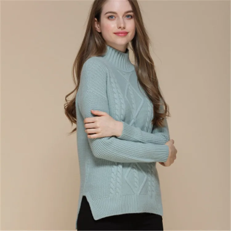  100%goat cashmere argyle knit women add thick pullover sweater stand collar open hem H-loose 3color