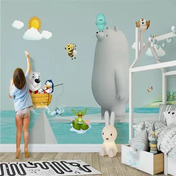 

Custom 3D Nordic Simple Cute Polar Bear Birds Children Room Background Wall Professional Making Mural Photo Wallpaper