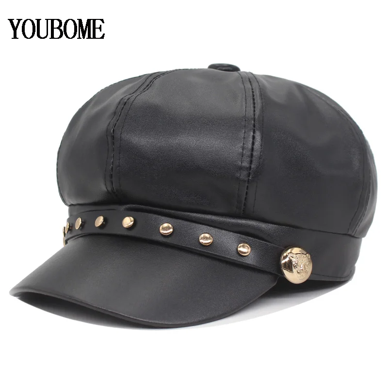 

YOUBOME Brand Octagonal Hats PU Leather Women's Hat for Men Newsboy Cap Fashion Octagonal Cap Female Visor Girls gorros New Hats