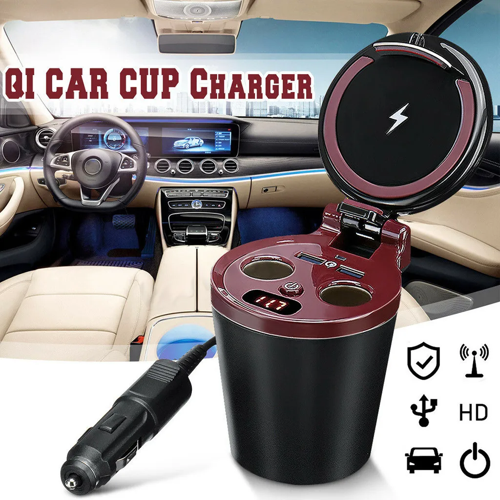 Universal 12V-24V 3 in 1 Car Qi Wireless Fast Charger Cup HolderLighter Socket Splitter Power Adapter 80W High power | Автомобили и