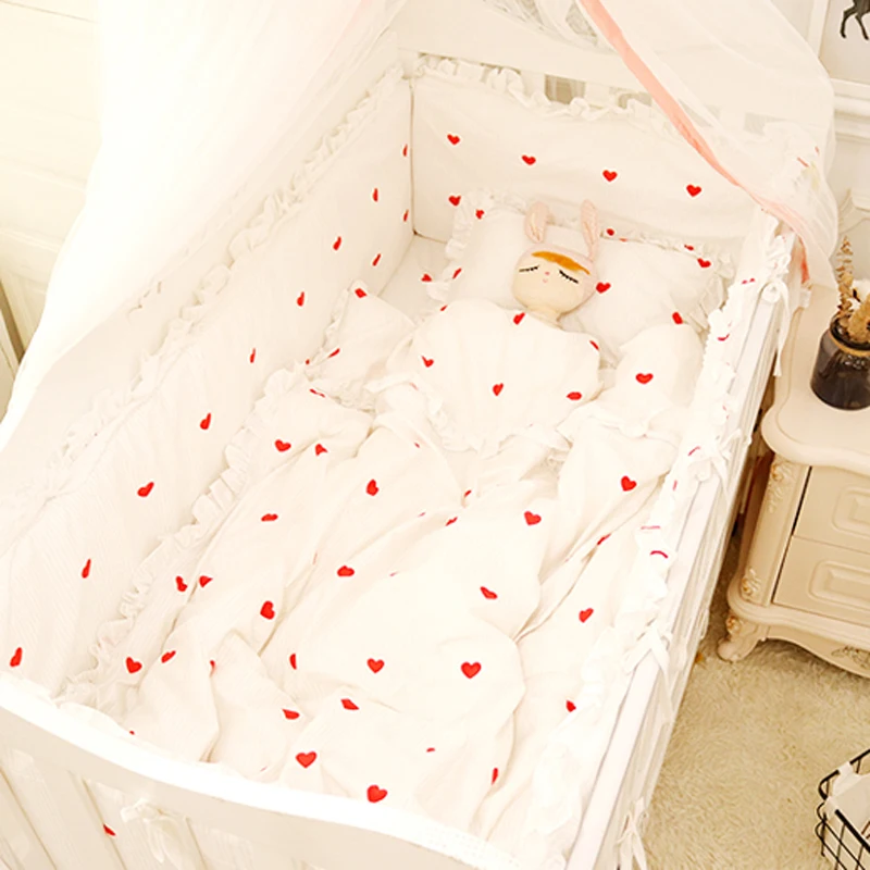 

Baby Bedding Set Bumper Pillowcase Bed Sheet Princess Style White With Red Heart For Girls Crib Set Washable Customize Size