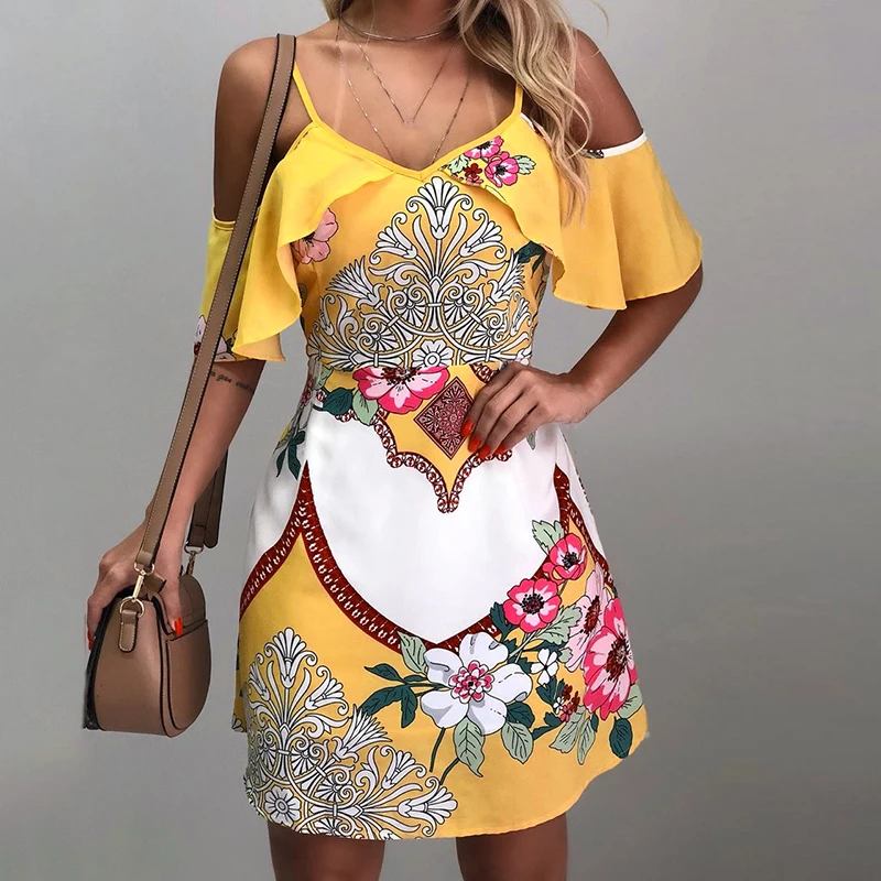 

Lady Cocktail Cold Shoulder Slip Dress Beach Spaghetti Strap Mini Sundress Beach