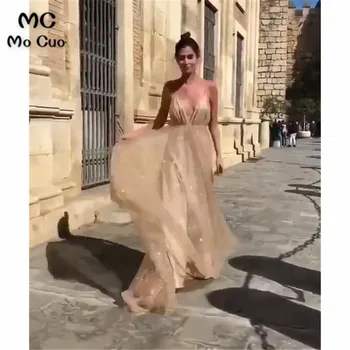 

Elegant Sequins prom dress Evening Gown Spaghetti Straps Deep V Neck Tulle Vestido de festa Women prom dresses Custom Made