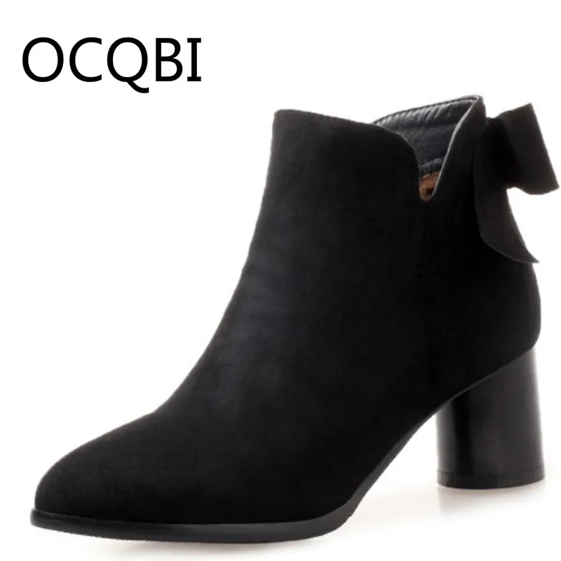 

Womens Flock Pointed Toe Side Zipper Round Heel Ankle Solid PU Rubber Short Plush Chelsea Boots Butterfly-knot Shoes Footwear