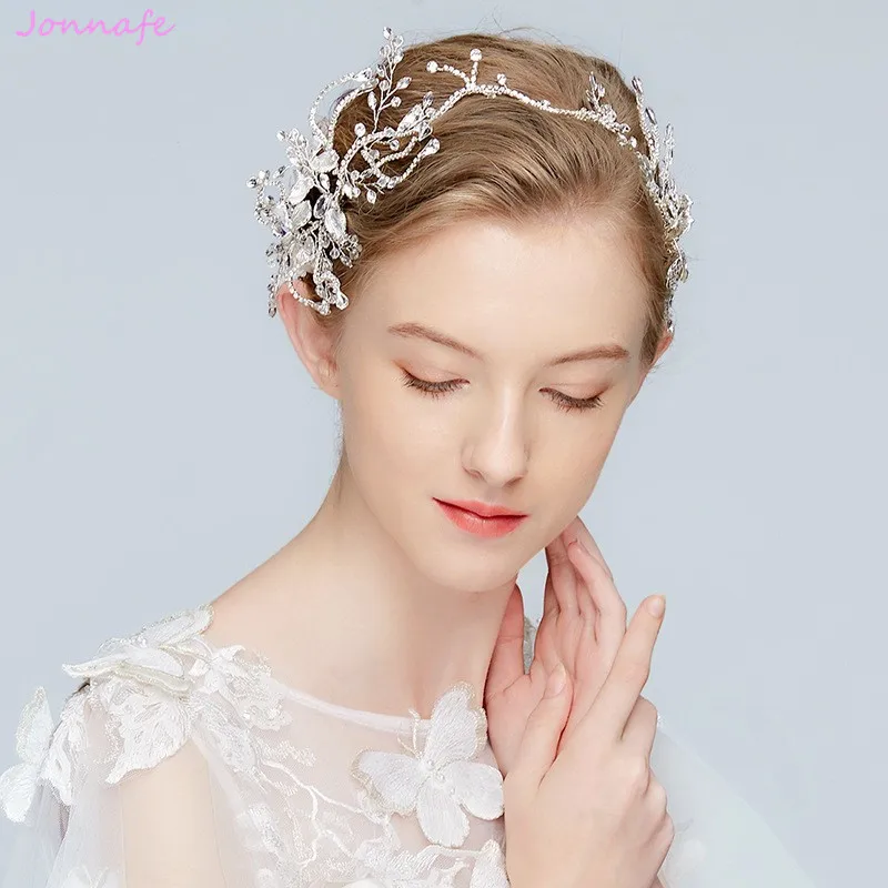 

Jonnafe Exquisite Bridal Tiara Headband Silver Leaf Wedding Hair Vine Crown Women Party Prom Hair Accessories