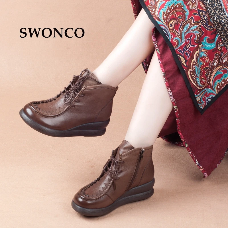 SWONCO Retro Style 2018 New Spring Autumn Genuine Leather Woman Boots Ankle Boots For Women Platform Real Leather Ladies Shoes