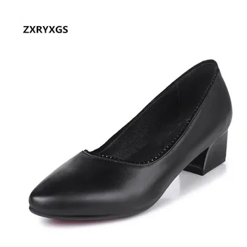 

2019 Newest Autumn Pointed Women High Heel Shoes Fashion Elegant Genuine Leather Shoes Thick with Comfort Women Shoes High Heels