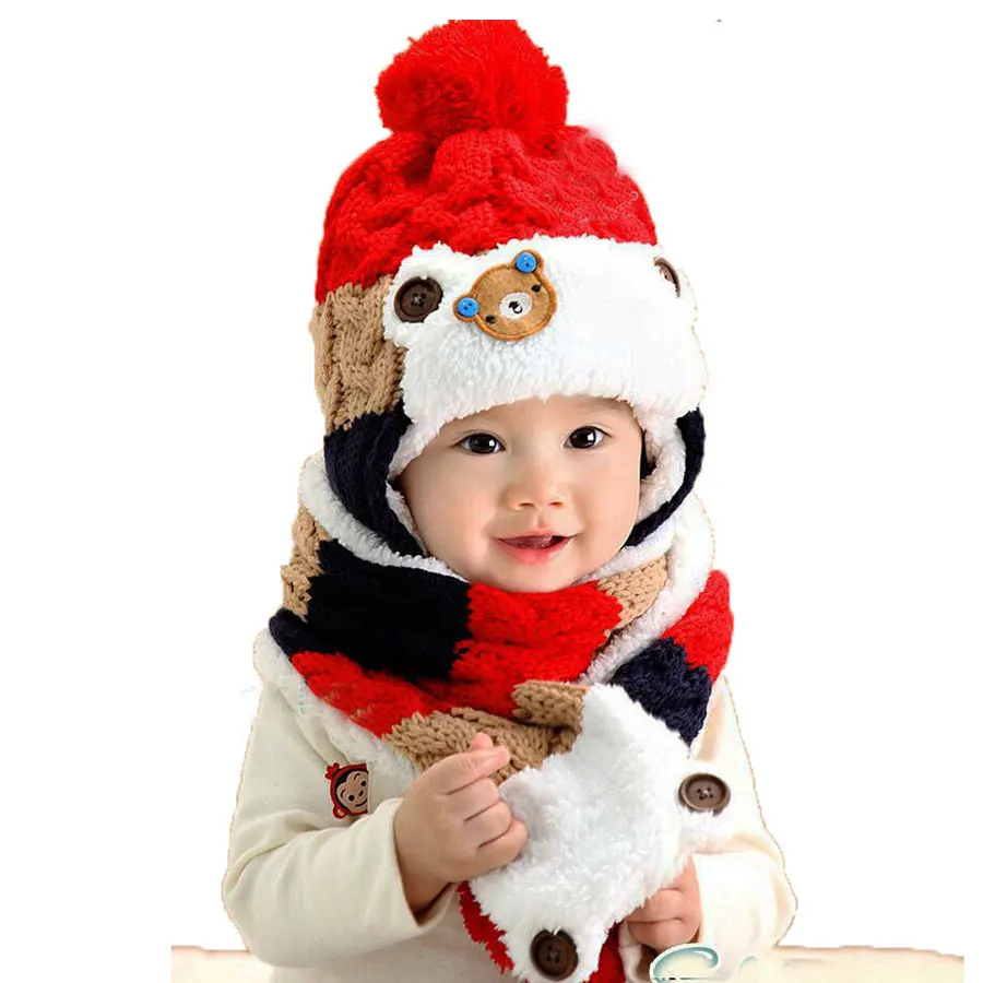 Зимние Детские шапки и шарфа набор для детей мальчиков и девочек шапочка с рисунком и шарфы ребенок пом вязать Кепки теплый капот комплект