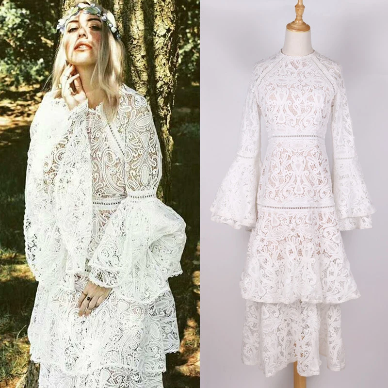 

Autumn Spring Elegant Women Gorgeous High Street Heavy Lace Embroidery Dresses Flare Sleeve Hollow Out Ball Gown Layers Dress