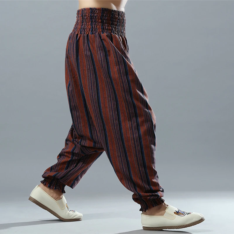 Эластичные мужские хлопковые льняные полосатые штаны с большим шаговым швом хиппи Аладдин гарем Широкие штаны ниндзя повседневные штаны длинные брюки L-XL