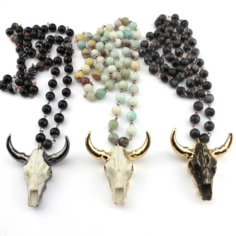 

Fashion Bohemian Handmade Tribal Jewelry Round Beads Amazonite Stones Rosary Chain Statement Horn For Women Pendant Necklace