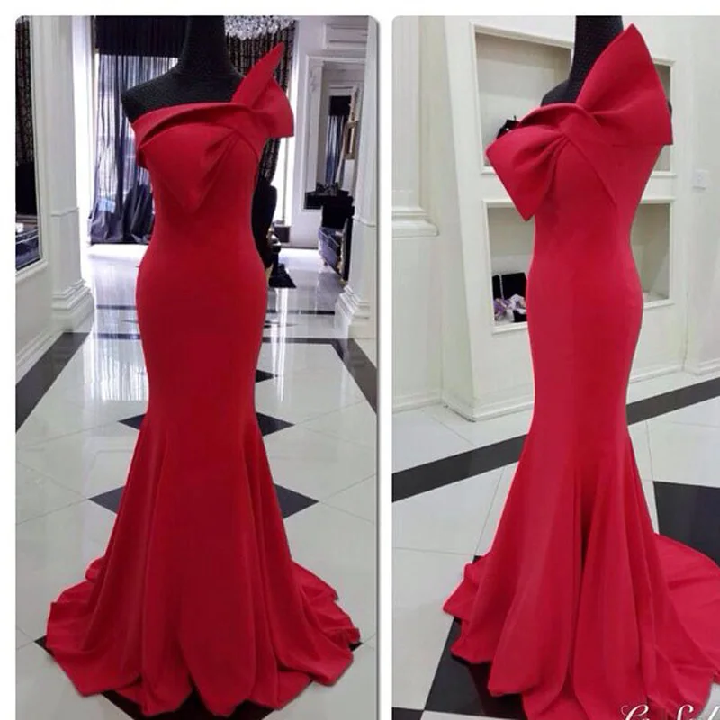 

New Long Elegant Red Mermaid Evening Dresses Special Occasion Dresses Evening 2015 Satin Bowed Pleated Hot Sale Real Picture