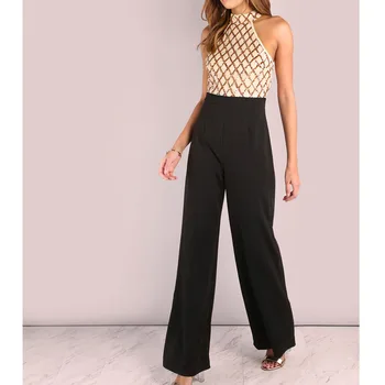 

Autumn casual jumpsuit 2019 ladies sexy sleeveless hanging neck Sequined pactch Work Boot Cut pants romper Female OL overall