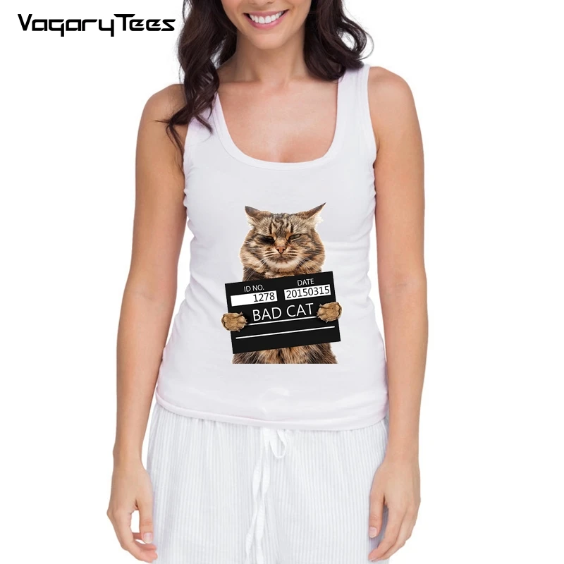 

Bad Cat Workout Tank Top Women White O-Neck Tank Top Bodybuilding White Casual Sleeveless Summer basic regular Vest Plus Size