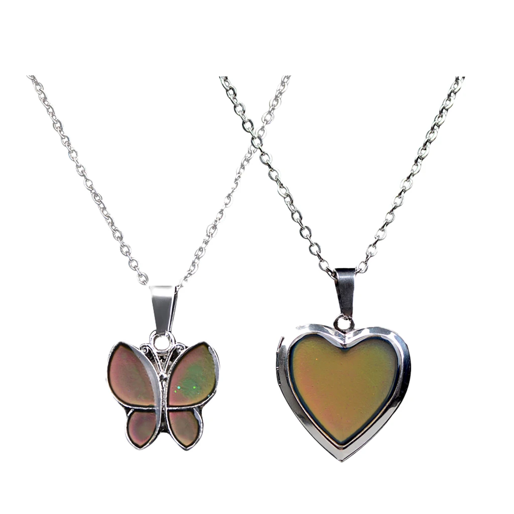 2 Pcs Charm Sensitive Thermo Mood Color Change Pendant Necklace Vintage Love Heart Photo Frame and Butterfly Pendant Necklace