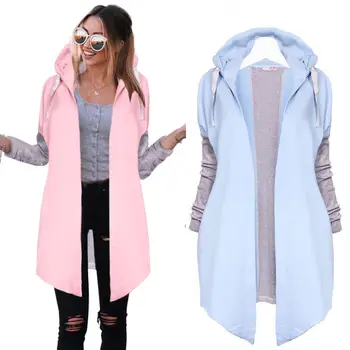 

Women Casual Long Tunic Hoodies Sweatshirt Coat Zip Up Outerwear Hooded Jacket Patchwork