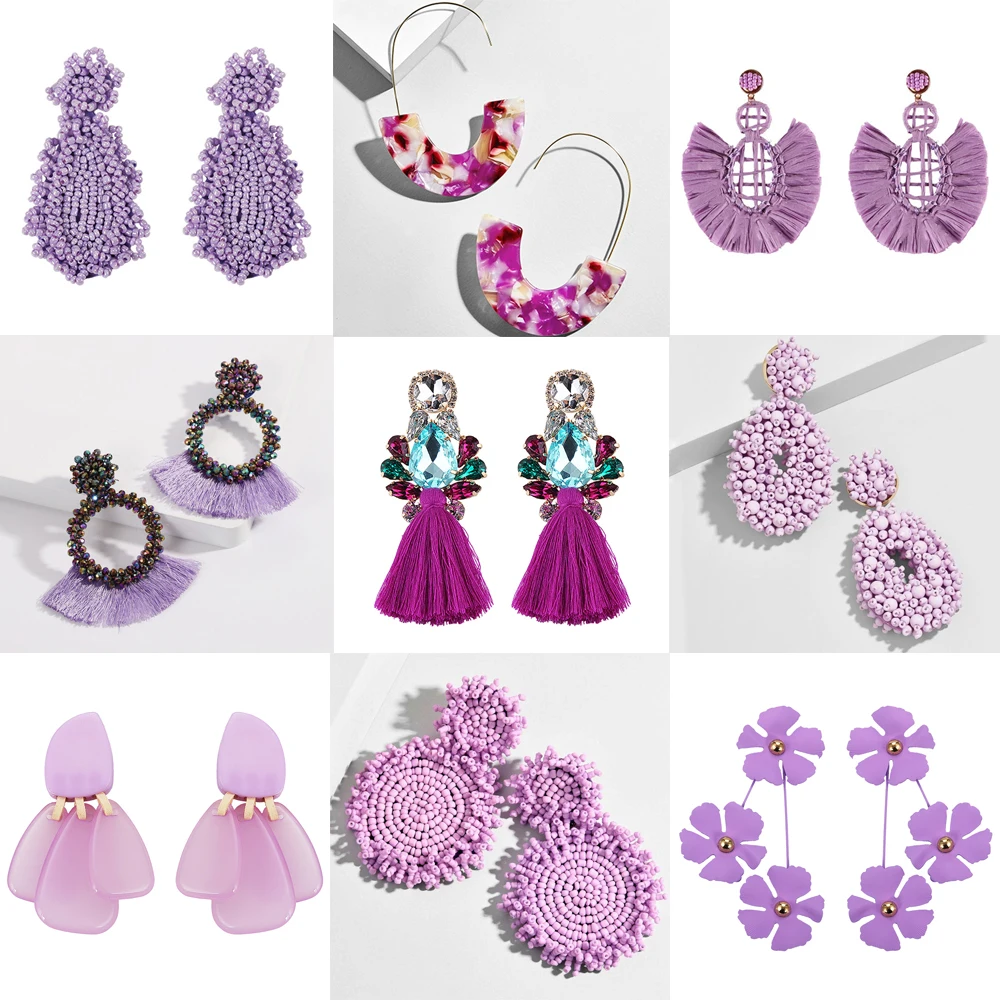 

Best lady Trendy Purple Beaded Tassel Earrings for Women Handmade Flowers Heart Fringed Stud Earrings Party Dangle Jewelry Gift