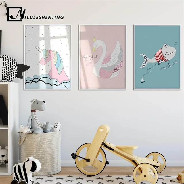 Swan Unicorn Whale Cartoon Poster Wall Art Canvas Prints Minimalist Swan Unicorn Whale Cartoon Poster Wall Art Canvas Prints Minimalist Painting Nursery Pictures Kids Bedroom Decoration