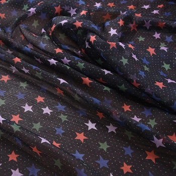 

140CM Wide 6MM Colorful Stars Print Black Silk Chiffon Fabric for Summer Long and Short Dress Shirt Scarf Blouse H546