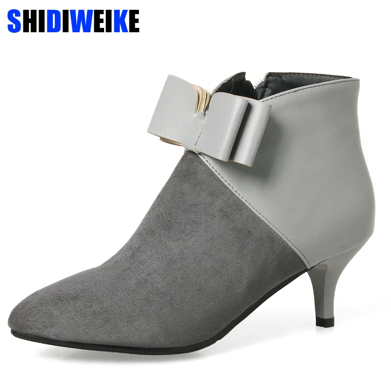 

New Women Autumn Bowtie Thin Heels Boots Shoes Woman Ankle boots black gray Shoes Boots Large Size 34-43 n283