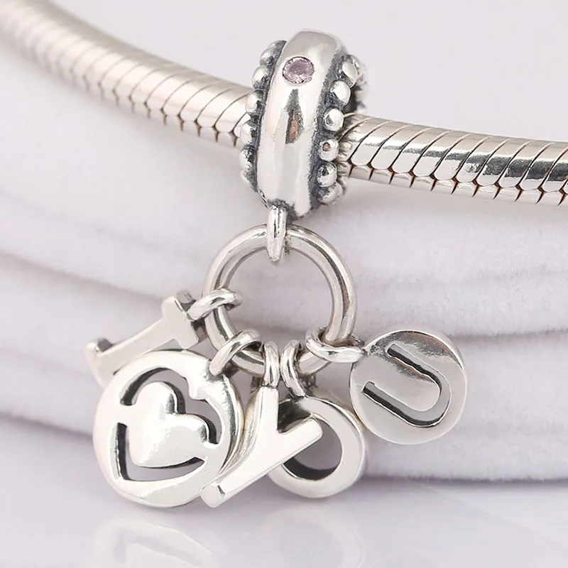 

925 Sterling Silver I Love You Letter Heart Charm Beads Fit Original Pandora Charms Bracelet Dangle Pendant DIY Gift Jewelry