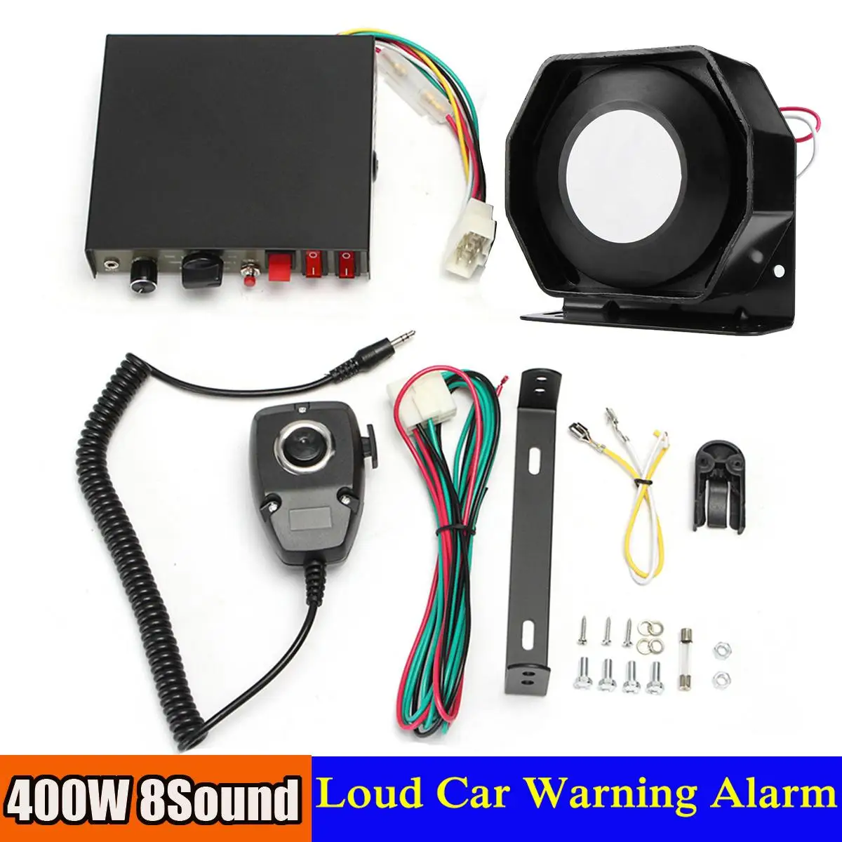 

400W 8 Sound Loud Car Warning Alarm P olice Fire S iren Horn PA Speaker MIC System