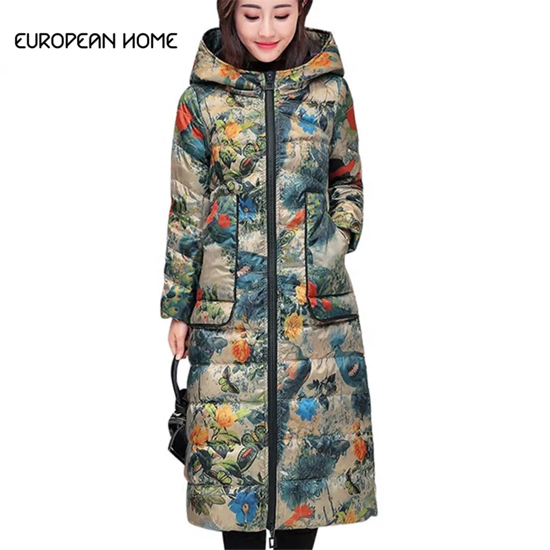 

Winter Light Down Jacket Woman Hooded Plus Size Clothes Outerwear Korean Printing White Duck Down Parka Long Coat Female LQ351