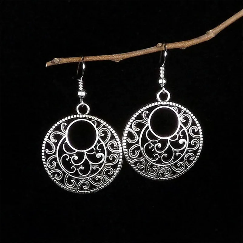 

Lusion Jewelry Bohemian Vintage Ethnic Tibetan Silver Long Big Hollow Round Drop Earring Carved Flowers dangle Earrings Women